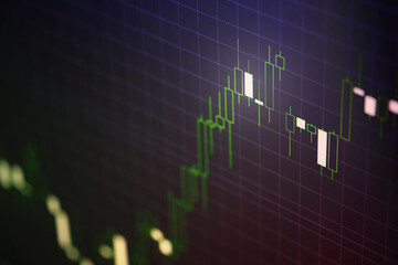 Stock Market Graph and Bar Chart, Financial statistic analysis on dark background with growing financial charts. Stock analyzing. Price chart bars. Economy trends background for business.