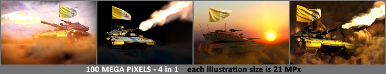 Fototapeta na wymiar 4 pictures of high resolution modern tank with fictional design and with Holy See flag - Holy See army concept, military 3D Illustration