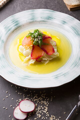 Smoked salmon with seaweed chuka served for lunch