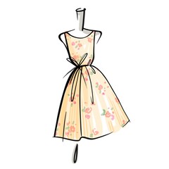 Flower dress on a mannequin. Beige dress in a small red flower. Linear graphics. Illustration on white background. For postcards and business cards