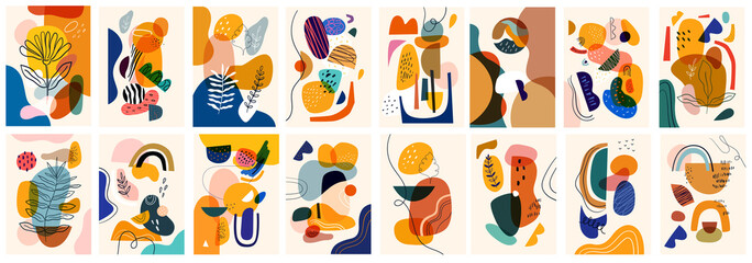 Decorative abstract posters collection with abstract shapes and colourful doodles. Hand-drawn modern posters	