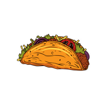 Original vector illustration in vintage style. Juicy tacos with tomatoes and minced meat.