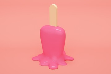 Shiny yummy ice cream with stick melted on pink background with overhead light. 3d rendering