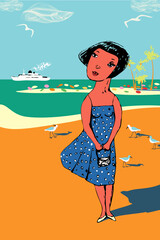 Young beautiful woman in a blue dress with polka dots admires the surrounding seascape. Vector EPS 10 - 427684709