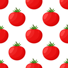 Tomatoes seamless pattern on a background. Red ripe tomatoes with green leaves. Great for menus, labels, packaging. Vector illustration