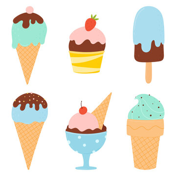 Ice cream set. Modern vector hand drawn illustrations of ice cream in different shapes with fillings, chocolate and fruits.