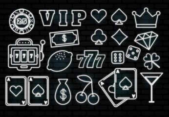 Casino neon collection vector icons set. Isolated on black Background. Casino Emblems and Labels, Bright Neon Sign, Slot Machine, Roulette, Poker, Dice Game. Vector illustration