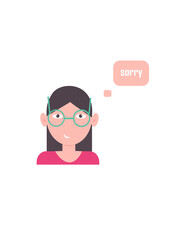 Business icon. Icon of a girl with glasses. The girl with glasses apologizes. Sorry. Young brunette in a pink sweater. Vector illustration. Isolated.