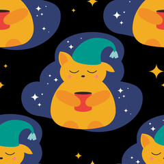 A cute red fox in a nightcap with a mug of tea sleeps sweetly against the background of the starry sky. Children's seamless pattern. Print for fabric, gift wrapping, wallpaper. Dark night background