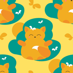 Happy red fox on a sunny day with butterflies. Children's seamless pattern. Cute character for kids. Printing on fabric, gift wrapping, wallpaper, clothing. Yellow summer background