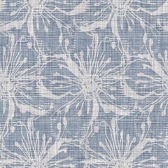 Seamless french farmhouse floral linen printed background. Provence blue gray pattern texture. Shabby chic style woven background. Textile rustic scandi all over print effect. Watercolor paint motif - 427687117