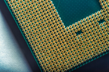 Close-up of a part of a microprocessor in soft focus under high magnification. Details of a...