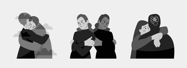 People in depression. Psychologist help for depressed people. Hand drawn Vector illustrations. Mental health issues, Self care, love, loss, acceptance, feeling of frustrated, anxiety concept