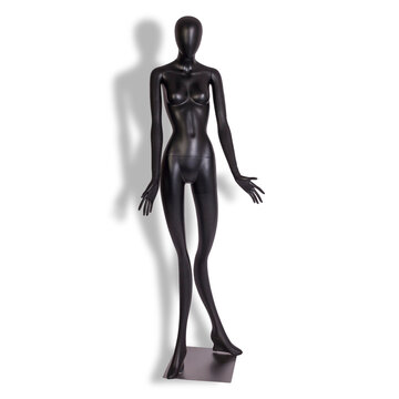 Modern plastic female mannequin for designers isolated on white background. Tall black abstract mannequin with elongated limbs.Shop concept, sale.