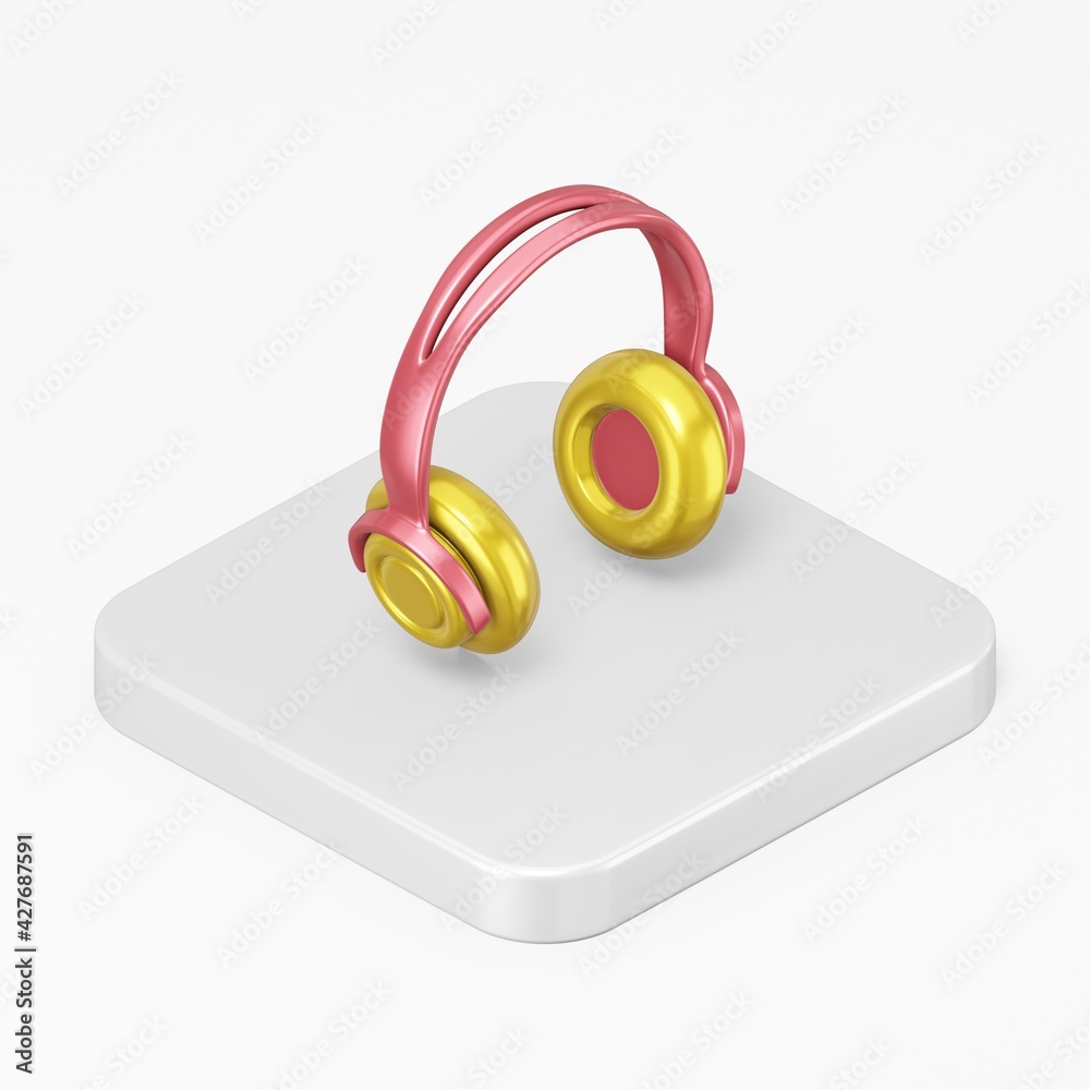 Poster multicolored headphones icon. 3d rendering square button key isometric view, interface ui ux element