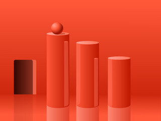 Three glossy cylinders with a little sphere inside a minimalist red room. Vector Illustration
