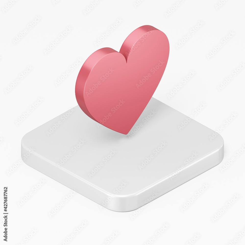 Poster red flat heart icon. 3d rendering square button key isometric view, interface ui ux element.