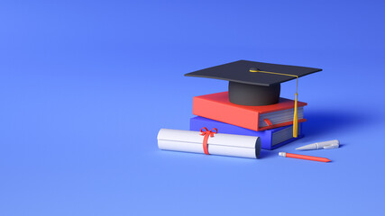 3D graduation cap on stuck of books and diploma. Rendering illustration.