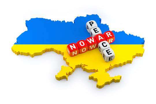 No to war, let peace win crossword puzzle on the map in Ukraine flag colors. 3d Rendering