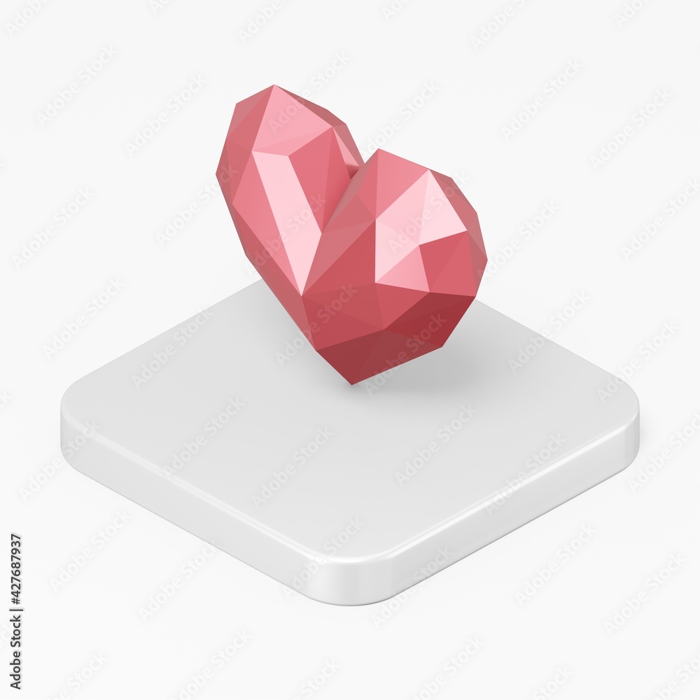 Poster red low poly heart icon. 3d rendering square button key isometric view, interface ui ux element.