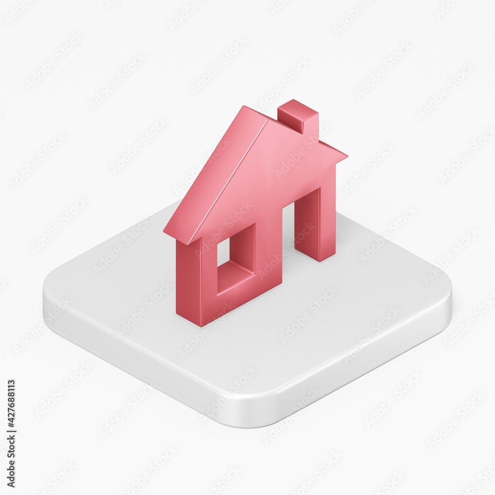 Poster red flat house icon. 3d rendering square button key isometric view, interface ui ux element.