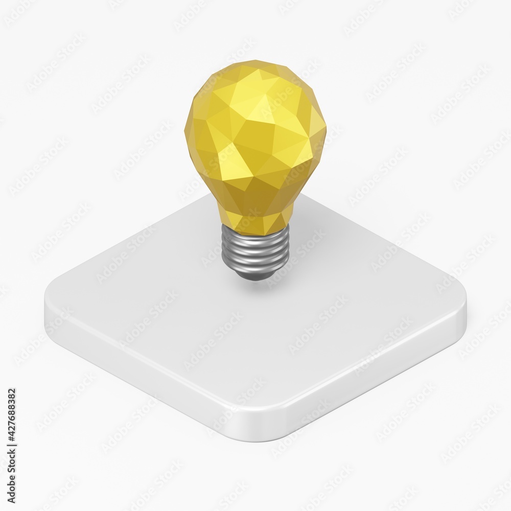 Poster yellow low poly light bulb icon. 3d rendering square button key isometric view, interface ui ux elem