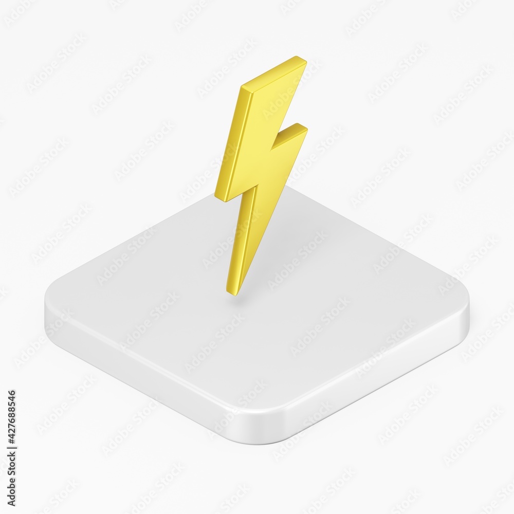 Poster yellow lightning icon. 3d rendering square button key isometric view, interface ui ux element.