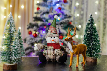 Christmas snowman against the background of the Christmas tree
