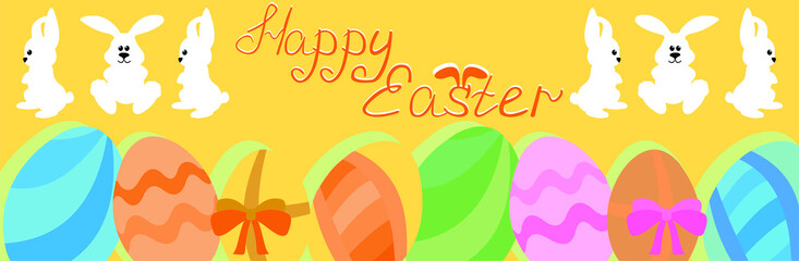 
happy easter banner poster greeting eggs written text on persek background