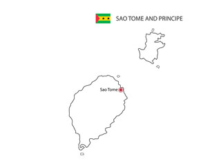 Hand draw thin black line vector of Sao Tome and Principe Map with capital city Sao Tome on white background.