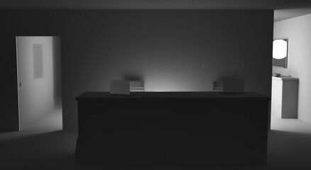 Background with empty reception desk in a late night office with low lighting. Workplace in the office after finishing work. 3D render.