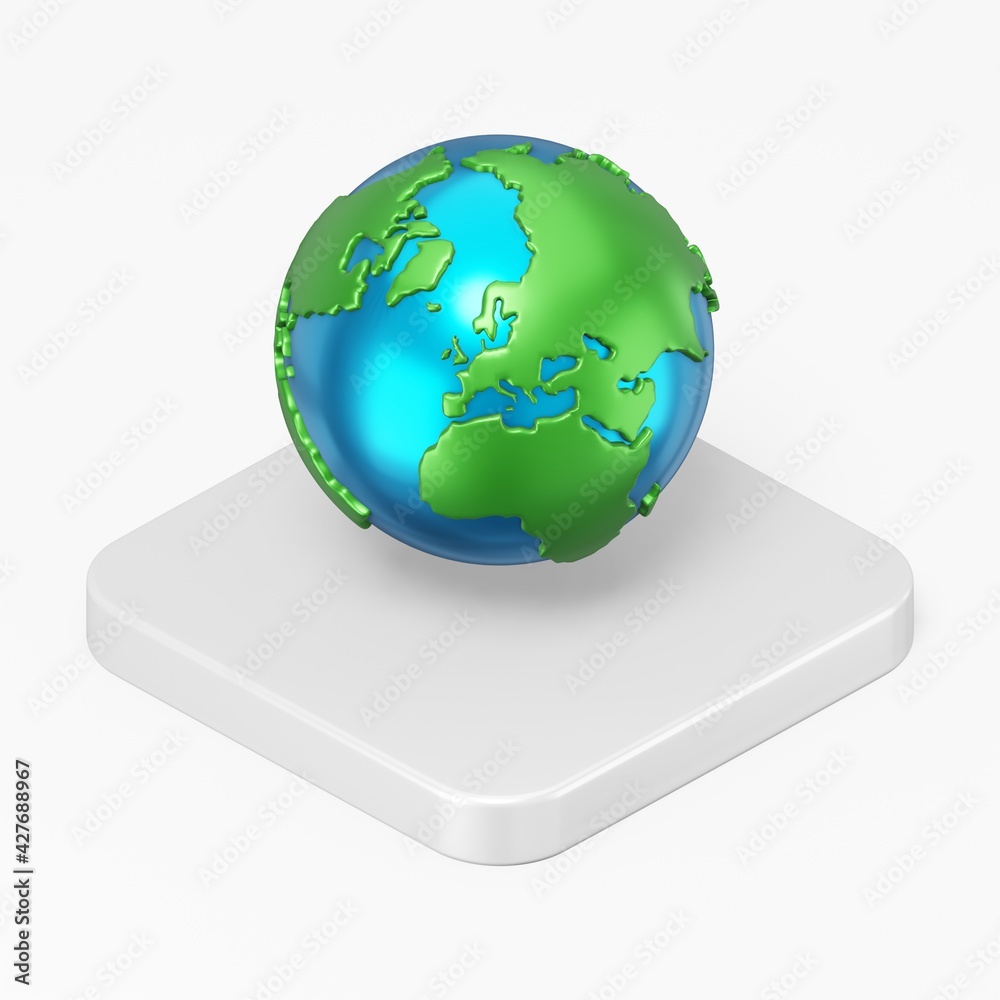 Poster globe with continents icon. 3d rendering square button key isometric view, interface ui ux element.
