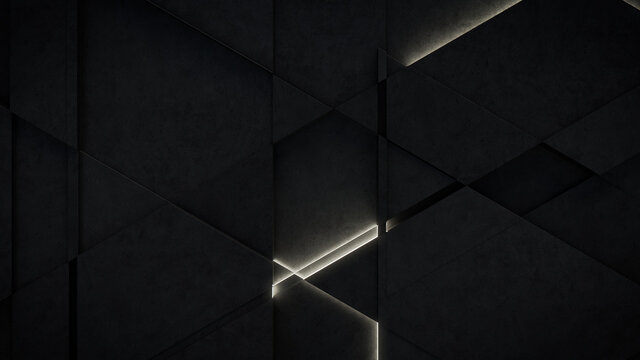 Dark, Concrete wall background, with integrated White light strips. Geometric Tech Wallpaper with Illuminated, Futuristic, 3D Blocks. 3D render