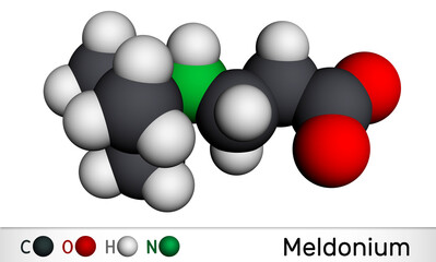 Meldonium molecule. Cardioprotective drug used for treatment of heart failure, myocardial infarction, arrhythmia, atherosclerosis, diabetes. Molecular model. 3D rendering