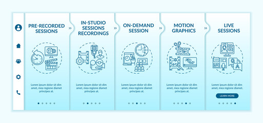 Remote event content onboarding vector template. Responsive mobile website with icons. Web page walkthrough 5 step screens. In-studio recordings, live sessions color concept with linear illustrations