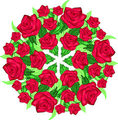Beautiful vector ornament with red roses and green leaves