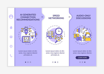 Remote events for networking onboarding vector template. Responsive mobile website with icons. Web page walkthrough 3 step screens. Speed meetings, discussions color concept with linear illustrations