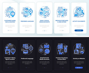 Smart content analytics onboarding vector template. Responsive mobile website with icons. Web page walkthrough 5 step screens. Digital marketing day, night, theme concept with linear illustrations