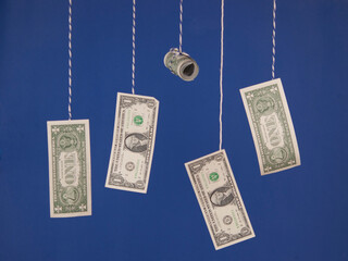 Set of flying 1 dollars banknotes against blue wall background