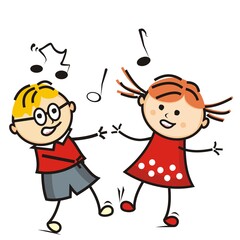 Singing and dancing kids, boy and girl, at background music notes