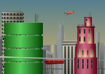A retro futuristic city landscape with a monorail and a plane. Vector illustration