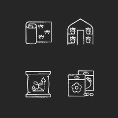 Gardening store categories chalk white icons set on black background. Greenhouses for growing plants during cold year period. Sod rolls for fields. Isolated vector chalkboard illustrations
