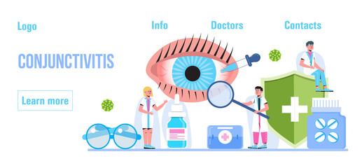 Conjunctivitis concept vector.Eye doctor concept for health care banner. Glaucoma treatment concept vector. Medical ophthalmologist eyesight check up with tiny people. Myopia, farsightedness