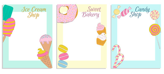 Fototapeta premium Set of pages for bakery, ice cream shop and candy shop. Templates for flyers, banners, menu, posters and cards.
