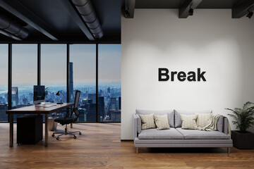 modern luxury loft with skyline view and vintage couch, wall with break lettering timeout relax concept, 3D Illustration