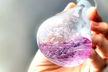 Thin, sharp and long white crystals in purple solution.