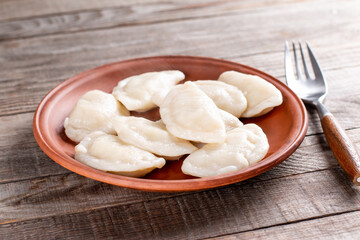 Dumplings with potato filling. Dumplings in a clay plate. Free space for text