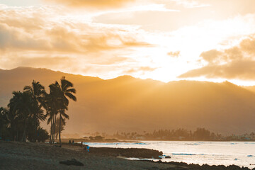 Hawaii beach travel landscape. Tourist destination in Big Island, Oahu, USA summer vacation. Sunset...