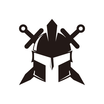 swords and helmet of the Spartan warrior symbol, emblem. Spartan helmet logo, vector illustration of spartan crossed sword and helm