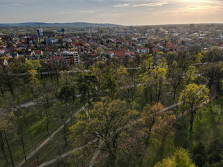 Aearial shot of a Park in a forest Landscape. High angle aerial view over Pancevo. European city drone photography.